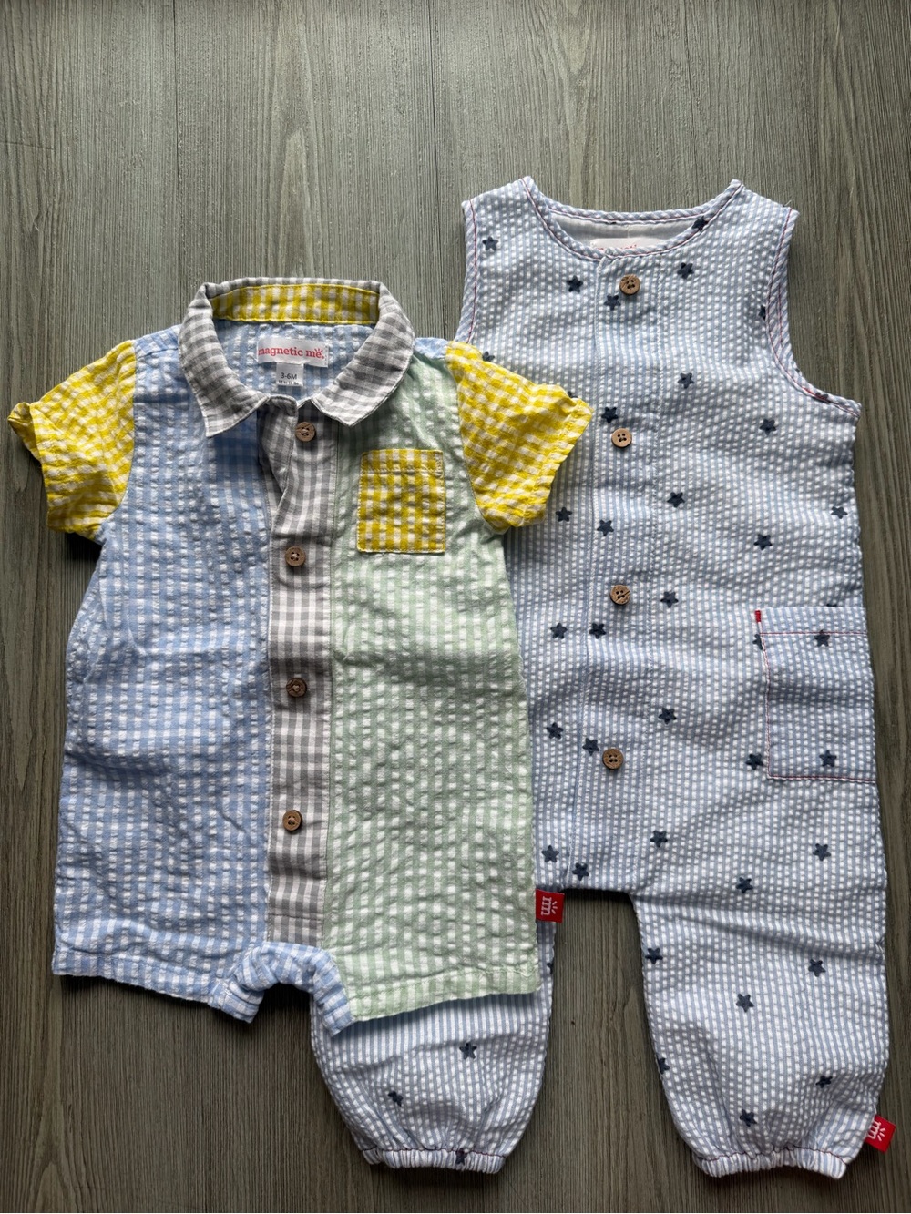Magnetic Me Pastel Colorblock Seersucker Baby Rompers - Yellow, Blue, Green